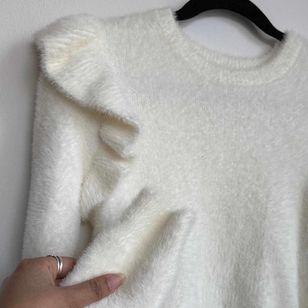 Cream Fuzzy Crop Ruffled Sweater - Picture 3 of 3